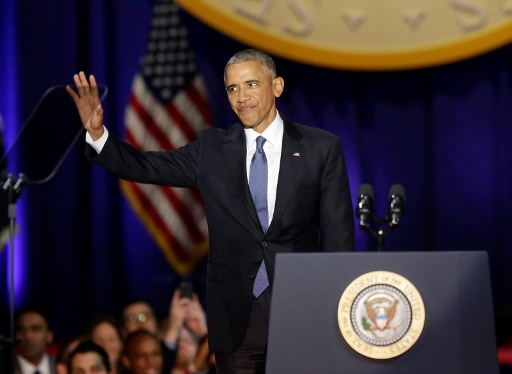 Le président Barack Obama durant son discours d'adieux à Chicago, le 10 janvier 2017 © Joshua LOTT AFP