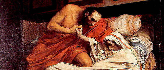 Assassine. << La mort de Tibere >>, de Jean-Pierre Laurens (1864). L'empereur, malade, aurait ete etouffe par le prefet Macron et par son successeur, Caligula.