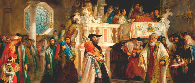 La fete de la joie de la Torah (Sim'hat Torah), a la synagogue de Livourne - Peinture de Solomon Alexander Hart (1806-1881) Jewish Museum, New York Neue FineArtImages/Leemage.