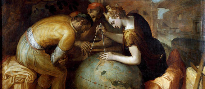 Allegorie et personnification de la Geometrie tenant un compas au-dessus d'un globe. Differents instruments de geometre sont disposes au premier plan. Peinture de Frans Floris (1515-1570). Art flamand. Collection privee, Genes.