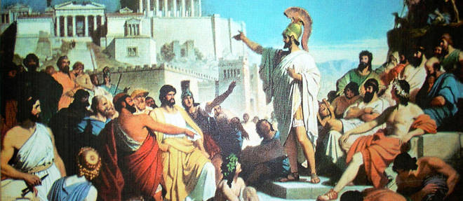 Tableau illustrant l'episode ou, d'apres l'historien Thucydide, le stratege Pericles fit l'oraison funebre des soldats atheniens morts pendant la guerre du Peloponnese.