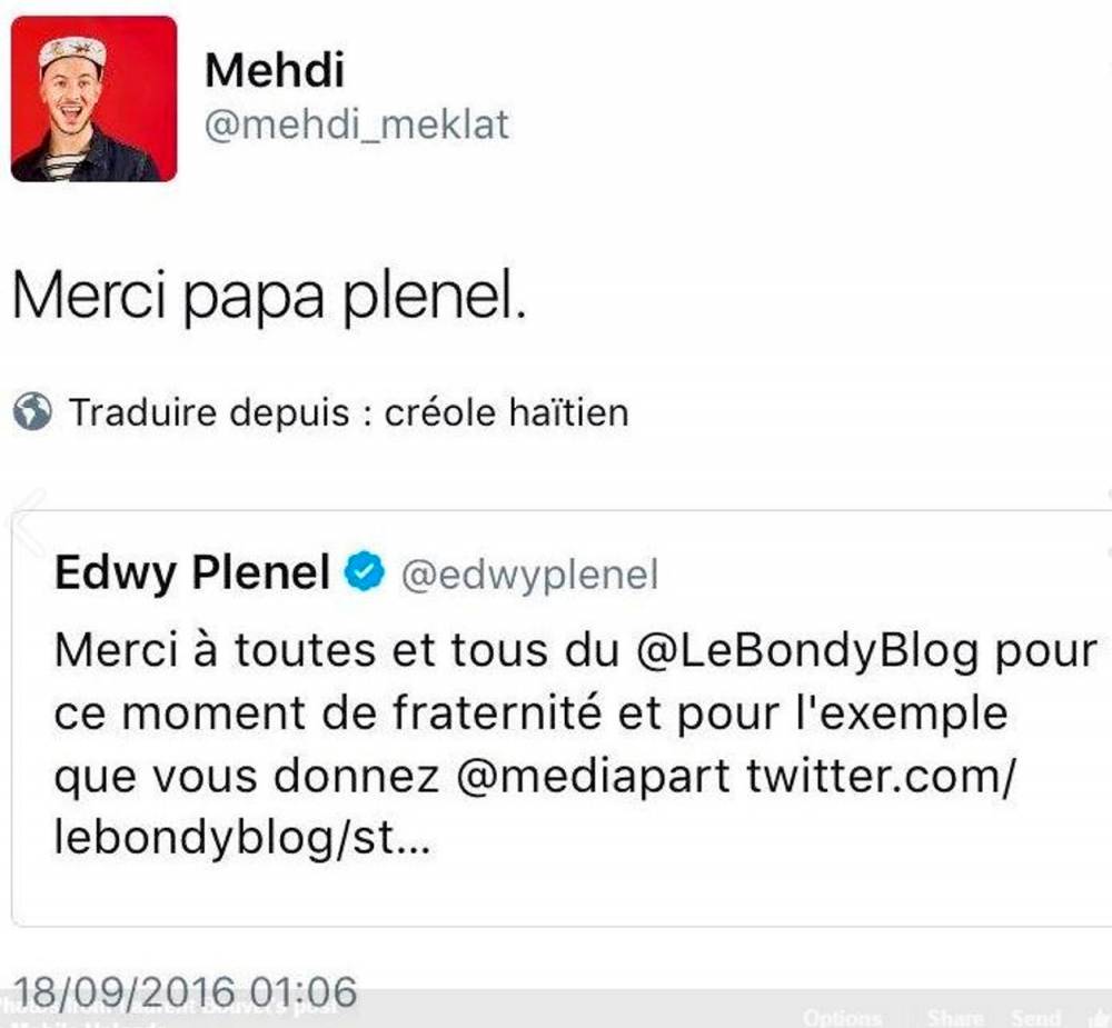 Tweet. Un clin d’œil de Mehdi Meklat à Edwy Plenel, le 18 septembre 2016. ©  DR