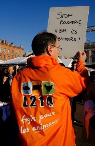 Un défenseur des animaux de l'association L214 dénonce les abattoirs et la "boucherie" le 21 décembre 2016 à Toulouse © ERIC CABANIS AFP/Archives