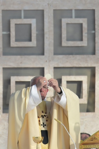 Le pape François célèbre une messe devant une foule de fidèles près de Milan, le 25 mars 2017 à Monza © GIUSEPPE CACACE                      AFP