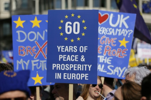 Pancartes brandies lors de la manifestation anti-Brexit à Londres, le 25 mars 2017 © DANIEL LEAL-OLIVAS AFP