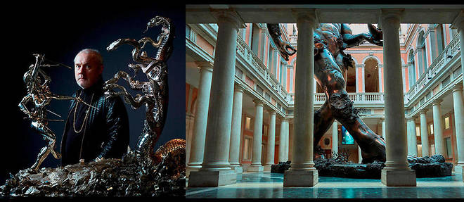 Damien Hirst devant "Hydra and Kali", l'un des tresors de l'epave de "L'Incroyable". A droite : le colossal "Demon with Bowl", installe dans l'atrium du Palazzo Grassi, a Venise.