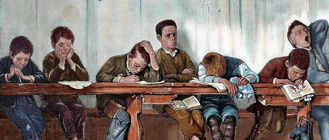 Le banc des ecoliers punis (cancres). Gravure, 1884, colorisee. 