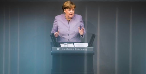 La chancelière allemande Angela Merkel prononce un discours sur l'Europe à Berlin, le 27 avril 2017 © Odd ANDERSEN AFP