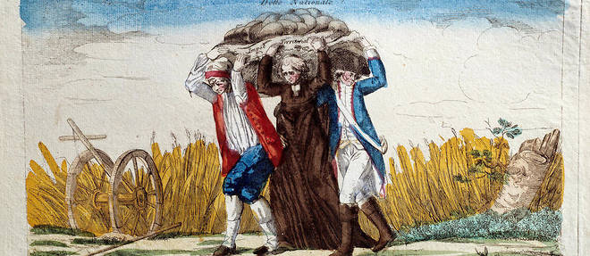 Revolution francaise : << Le temps present veut que chacun supporte le grand fardeau. >> Un paysan, un membre du clerge et un soldat portant a trois le poids de la dette nationale. Caricature de la fin du XVIIIe siecle Paris, musee Carnavalet.