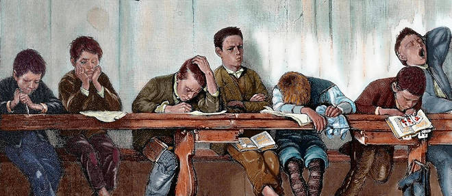 Le banc des ecoliers punis (cancres). Gravure, 1884, colorisee. 