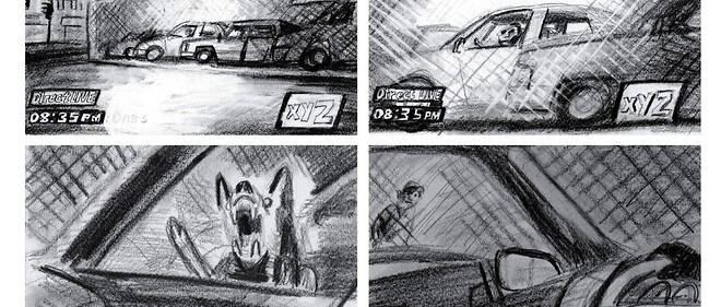<< Black Black Car >>, d'apres la nouvelle << Blue >>, de Russell Banks : pilote par le dessinateur Benoit Guillaume, un story-board realise par de jeunes Marseillais tres inspires.