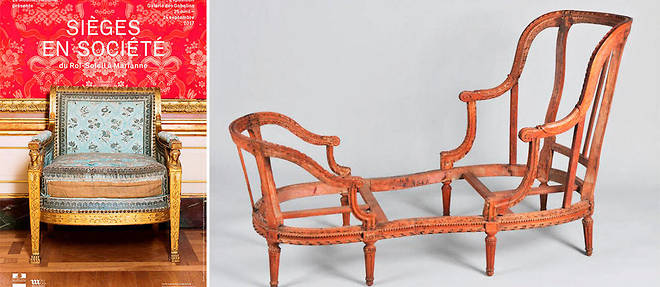 A droite : chaise longue ou duchesse, en hetre, anonyme, vers 1780. Bois sculpte, pieds tournes et canneles a perles, ceinture a accotoirs et perles.