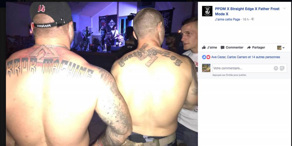 Capture d'écran de la page Facebook de PPDM, où des hommes posent, une croix gammée tatouée dans le dos.