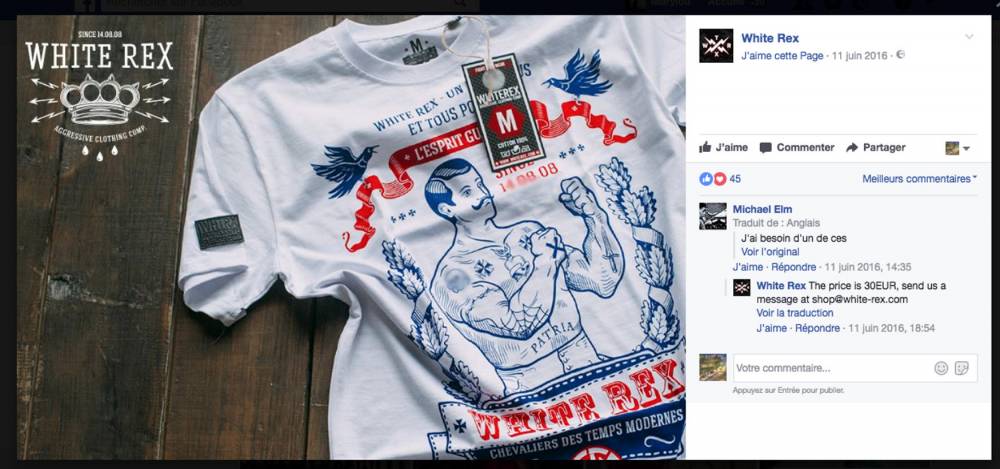 Capture d'écran de la page Facebook de White Rex, qui fait la promotion d'un tee-shirt faisant référence au nazisme.