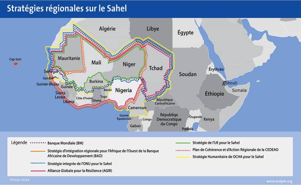 Carte des différentes stratégies régionales sur le Sahel. ©  DR