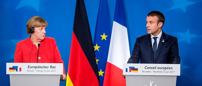 La chanceliere allemande Angela Merkel et le president francais Emmanuel Macron lors de leur conference de presse commune a l'issue du sommet europeen du 23 juin.