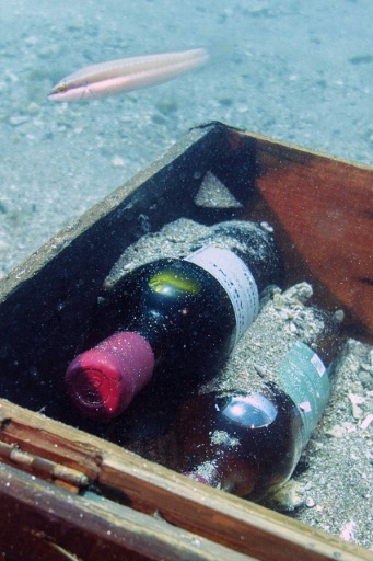 Des bouteilles de vins dans un coffre immergé à 40 m sous l'eau en Méditerranée au large de Saint-Mandrier le 15 mai 2017 © Boris HORVAT AFP/Archives