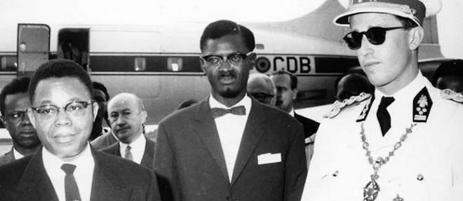Joseph Kasa-Vubu, president du Congo, Patrice Lumumba, Premier ministre du Congo, et Baudouin Ier, roi des Belges, le 30 juin 1960.