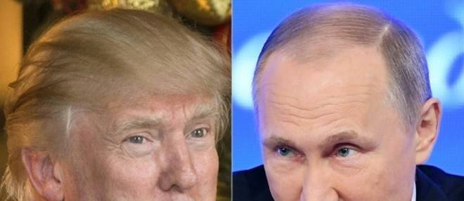 Montage photo realise le 30 decembre 2016 du president elu des Etats-Unis Donald Trump (le 28 decembre 2016 en Floride ) et du president  russe Vladimir Poutine ( 23 decembre 2016 a Moscou) 