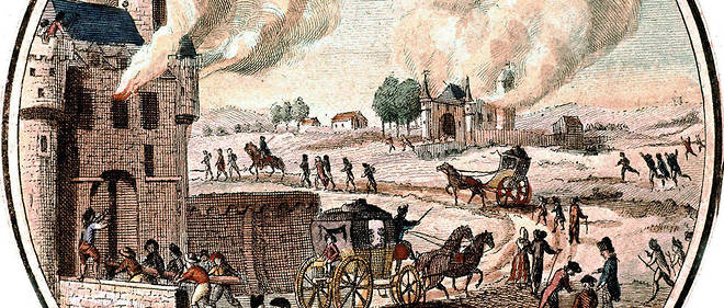 Saccage.Chateaux incendies durant les jours precedant le vote de la loi sur les privileges, le 4 aout 1789 (gravure d'epoque). 