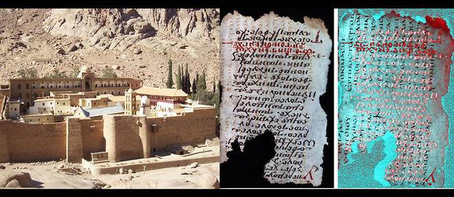 A gauche, le monastere Sainte-Catherine, au pied du mont Sinai. A droite, un palimpseste nature et le meme apres traitement. Le texte d'Hippocrate n'est pas disponible.
 