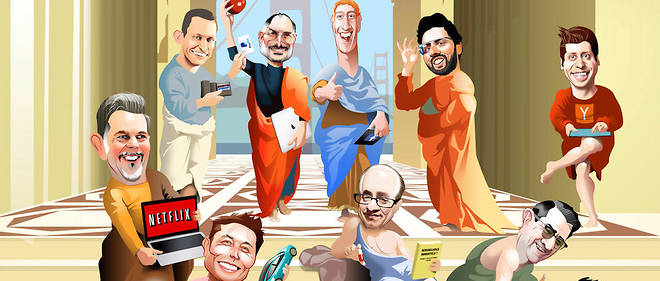 La fine fleur de la Silicon Valley : 1er rang, de g. a dr. : Reed Hastings (Netflix), Elon Musk (SpaceX), Ray Kurzweil (Google), Frederick Terman (pere de la Silicon Valley), Brian Chesky (Airbnb) ; 2e rang, de g. a dr. : Peter Thiel (cofondateur de PayPal), Steve Jobs (Apple), Mark Zuckerberg (Facebook), Sergey Brin (Google), Sam Altman (Y Combinator).