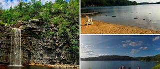Photo a gauche : Minnewaska State Park ; en haut a droite : la plage a Sebago Cabin Camp ; en bas a droite : lac Sebago.