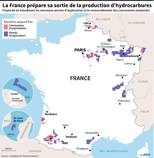 Permis d'exploration et concessions d'exploitation d'hydrocarbures en France, où le gouvernement souhaite sortir de cette production à l'horizon 2040 © Laurence SAUBADU AFP