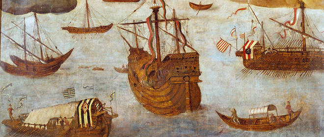"La Vierge aux marins". Detail representant des navires, caravelles. Peinture d'Alejo Fernandez (1480-1543) XVIe siecle, Seville, Alcazar. Photo Josse/Leemage.