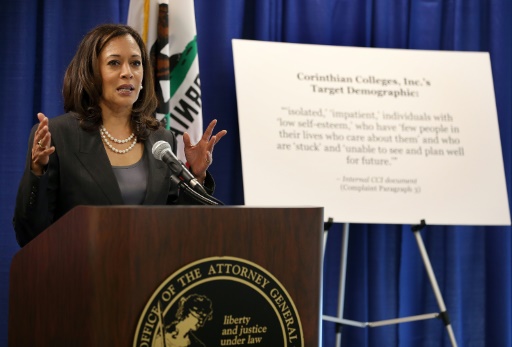 La procureur de Californie, Kamala Harris, annonce le lancement de poursuites contre le groupe Corinthian Colleges le 10 octobre 2013 à San Francisco  © JUSTIN SULLIVAN GETTY IMAGES NORTH AMERICA/AFP/Archives