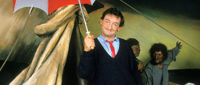 L'humoriste Pierre Desproges au 'Musee Grevin', il improvise au milieu de la représentation du 'Radeau de la Meduse', le 24 mars 1986. L'humoriste Pierre Desproges au 'Musee Grevin', il improvise au milieu de la représentation du 'Radeau de la Meduse', le 24 mars 1986.