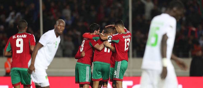 Les Marocains exultent apr&#232;s un but marqu&#233; contre la Mauritanie pendant la 5e &#233;dition du Championnat d'Afrique des nations (CHAN 2018).