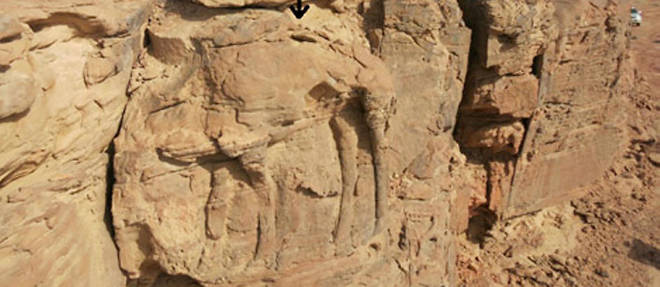 Sur le flan de la falaise, on distingue nettement les jambes de l'animal. Les arch&#233;ologues ne sont pas certains de la date de ces sculptures, ni des techniques employ&#233;es, ni de leur signification.