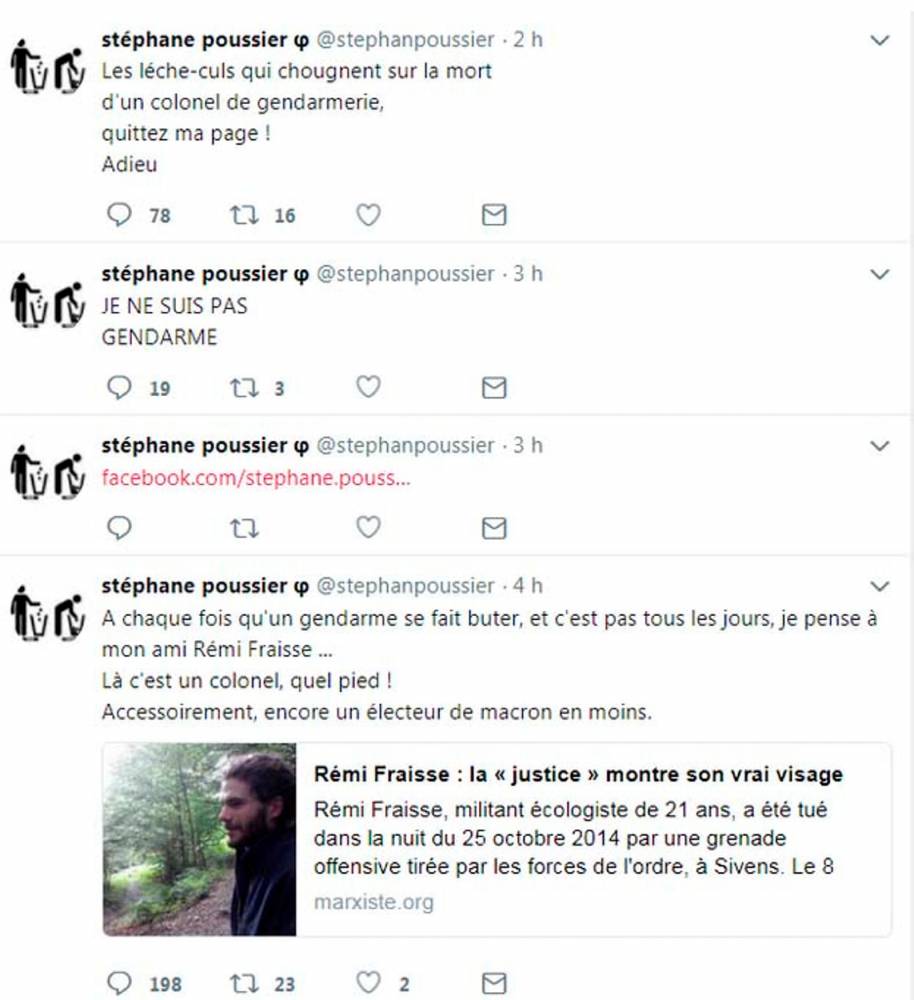 Un ex-candidat se réjoui de la mort d'Arnaud Beltrame ©  Capture d'écran Twitter / Stéphane Poussier