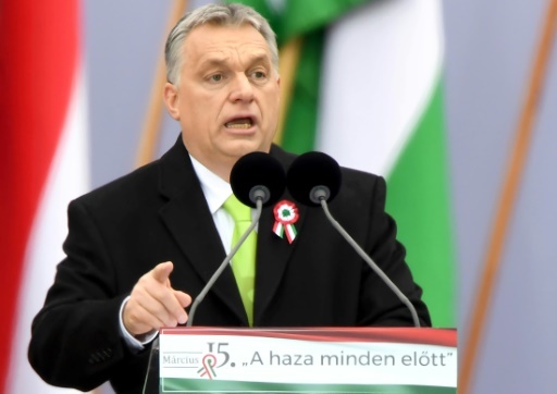Le Premier ministre sortant Viktor Orban, le 15 mars 2018, lors d'un meeting à Budapest © ATTILA KISBENEDEK STF AFP/Archives