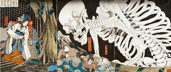 G&#233;ant. &#171;&#8201;La princesse Takiyasha et le spectre squelette&#8201;&#187;,&#8201;triptyque d&#8217;Utagawa Kuniyoshi, 1844. Pour venger son p&#232;re, tu&#233; lors d&#8217;une bataille, la princesse invoque les esprits des soldats morts, dont les os forment un immense squelette.