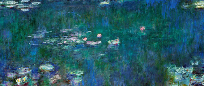 Les Nymph&#233;as : reflets verts (d&#233;tail) de Claude Monet, vers 1915-1926. Huile sur toile, 200 x 850 cm. Mus&#233;e de l'Orangerie - salle 1, mur est.