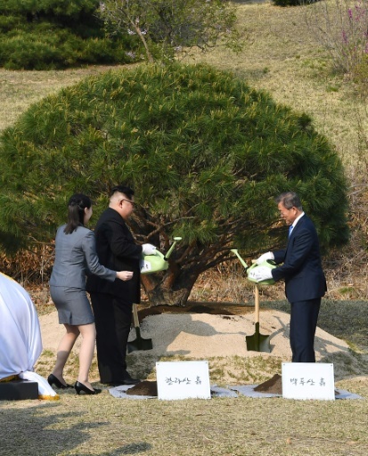 Le président sud-coréen Moon Jae-in (d) et le leader nord-coréen Kim Jong Un plantent un arbre pendant le sommet intercoréen, le 27 avril 2018 à Panmunjom © Korea Summit Press Pool Korea Summit Press Pool/AFP