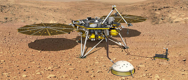 Image de synthese representant l'atterrisseur Insight (INterior exploration using Sesmic Investigations, Geodesy and Heat Transport) pose a la surface de la planete Mars.