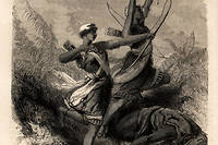 Les amazones archeres combattantes du Danhome (actuel Benin), dessin de Jean Antoine Foulquier (1822-1896), pour illustrer le voyage au Danhome, en 1860, du docteur Repin . Gravure in << Le tour du monde >>, sous la direction d'Edouard Charton, 1863. Collection de Selva. (C)Selva