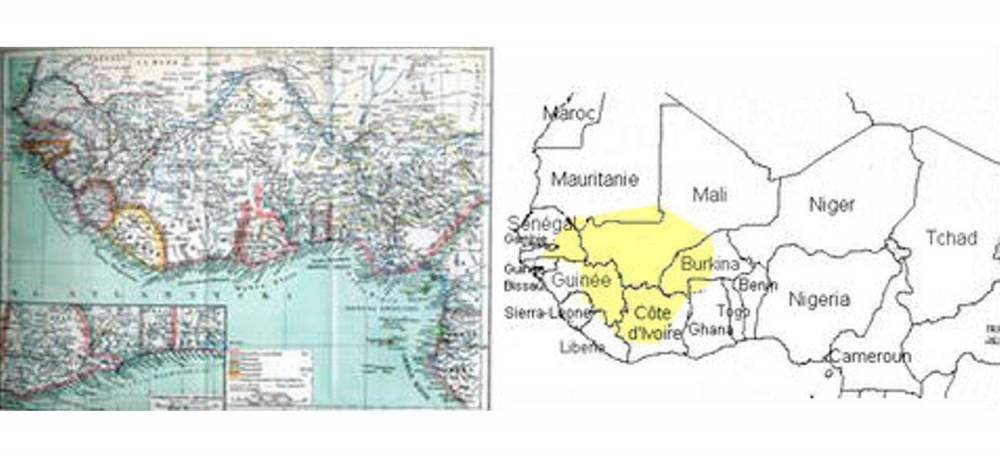 Le pays mandingue sur une carte de 1900, et l'étendue géographique des langues mandingues en Afrique de l'Ouest ©  Wikimedia/CC