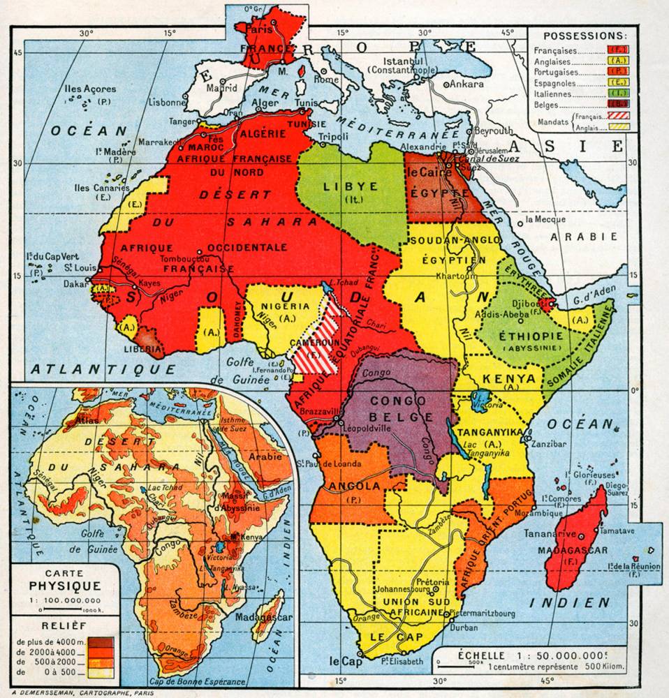 Carte scolaire de la colonisation en Afrique. ©  Livre de Géographie de Jean Brunhes, éditions Mame 1937. Gusman/Leemage