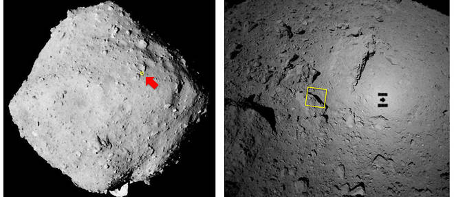 L'asteroide Ryugu, cible de la mission Hayabusa2, photographie en plan large (image de gauche) et en details (image de droite), par la sonde japonaise.
