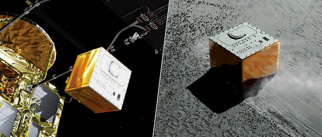 Representation artistique de l'atterrisseur MASCOT se detachant de son vaisseau mere Hayabusa2 (a gauche) pour aller se poser sur l'asteroide Ryugu (a droite).