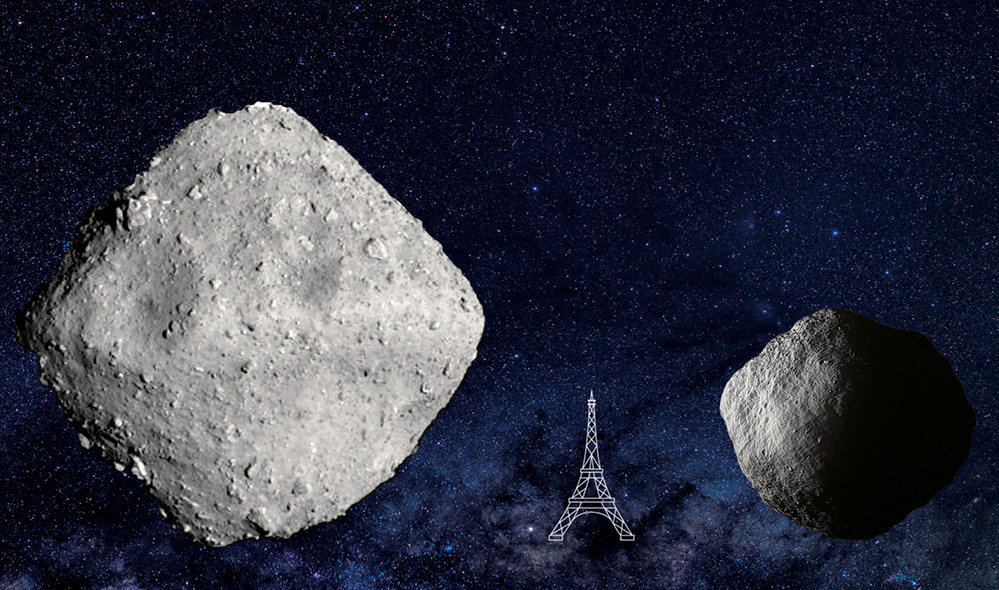 Les deux asteroides figurant sur cette photo sont a l'echelle de la tour Eiffel representee ici.