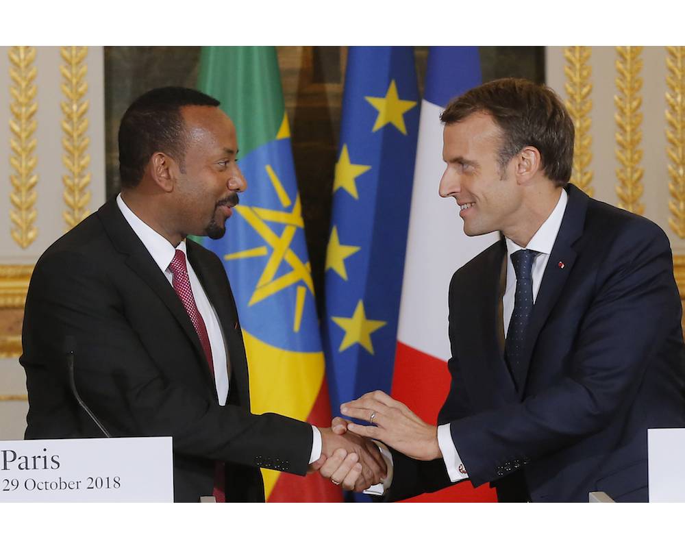 Le premier ministre éthiopien Abiy Ahmed et le président français Emmanuel Macron à l'Elysée le 29 octobre 2018. ©  Michel Euler / POOL / AFP