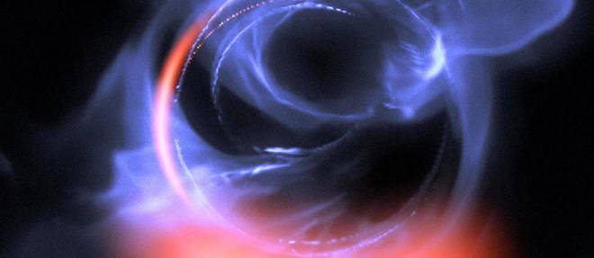 Visualisation du phenomene observe par Gravity basee sur des donnees issues de simulations de mouvements orbitaux de gaz tourbillonnant a environ un tiers de la vitesse de la lumiere sur une orbite circulaire encerclant le trou noir.