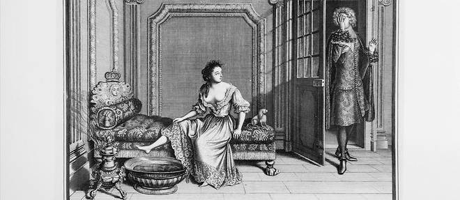 Une femme prenant son bain dans sa chambre au chateau de Versailles sous le roi Louis XIV. Gravure de Nicolas Bazin basee sur une peinture de Jean Dieu de Saint Jean Delin.