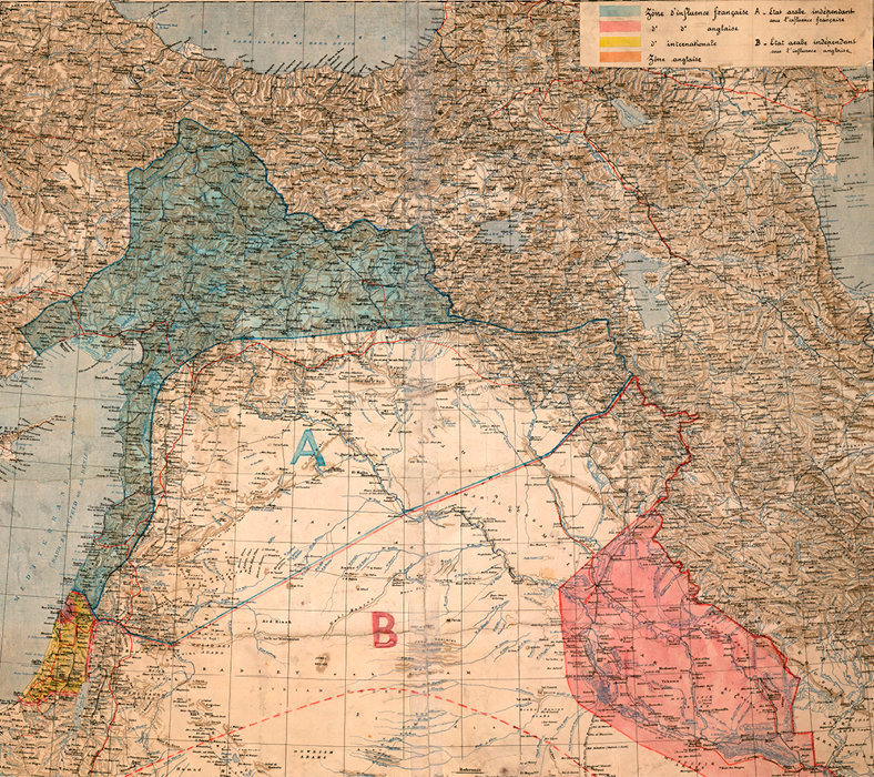 
        La carte et les territoires. Carte des accords Sykes-Picot (1916), qui partagent le Proche-Orient entre les mandats francais et britannique.