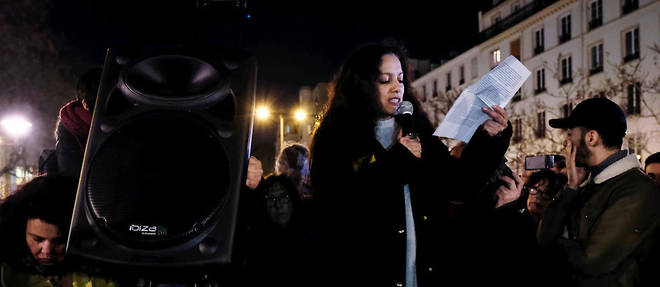 Houria Bouteldja, militante franco-algerienne, du Parti des indigenes de la Republique, lors du rassemblement a Menilmontant contre les actes antisemites et pour le combat contre toutes les formes de racisme.